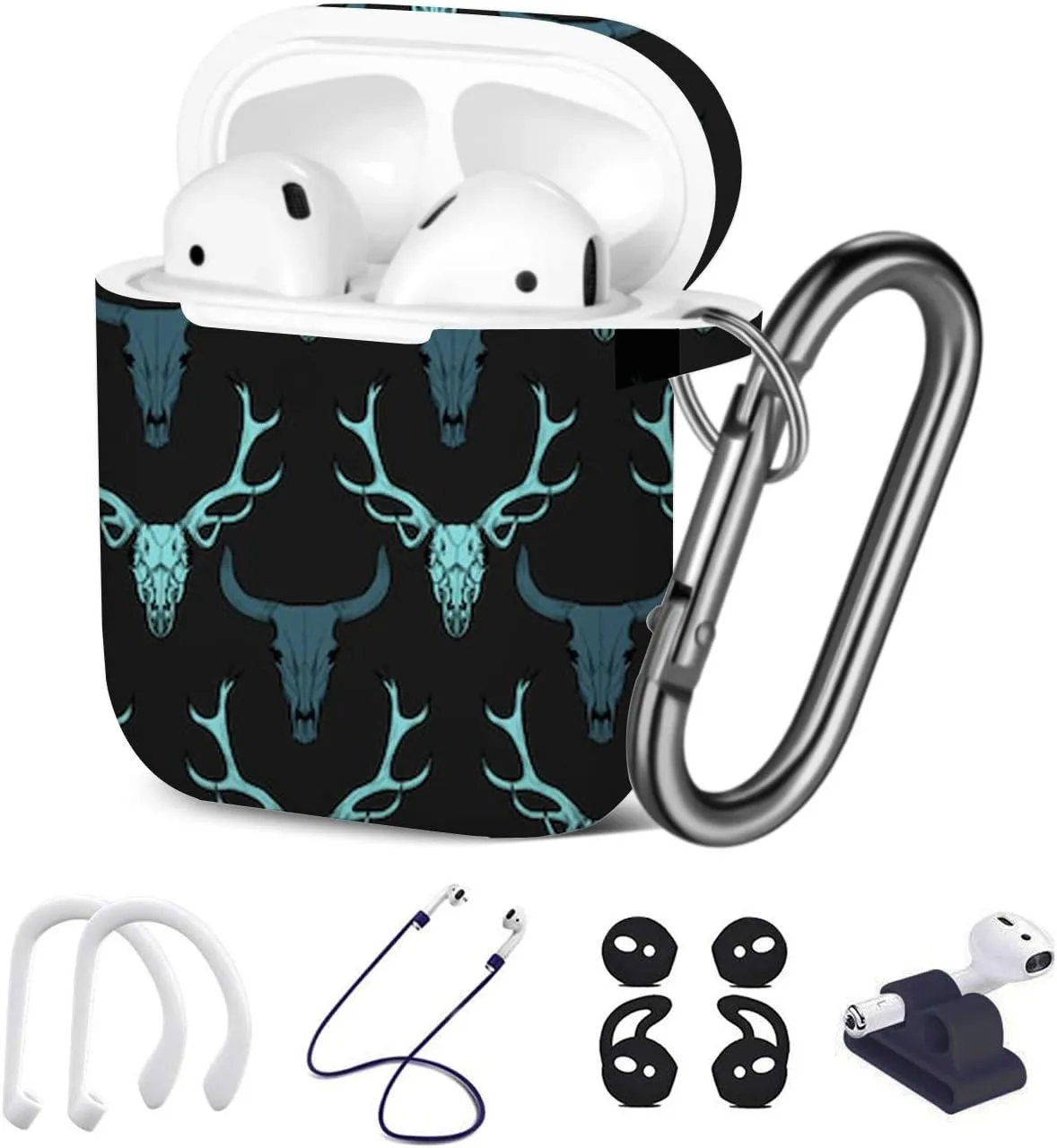 [ Compatible with Apple AirPods 1 & 2 ] 7 in 1 AirPods Accessories Set - TPU Gel Protective Case/Carabiner Keychain/Ear Hooks/Strap/Watch Band Holder - (Blue Skull Deer Bull On Pattern)