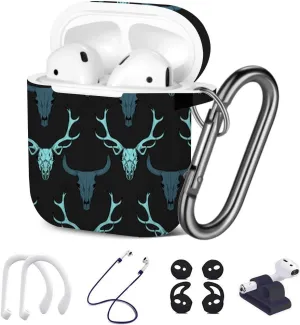 [ Compatible with Apple AirPods 1 & 2 ] 7 in 1 AirPods Accessories Set - TPU Gel Protective Case/Carabiner Keychain/Ear Hooks/Strap/Watch Band Holder - (Blue Skull Deer Bull On Pattern)