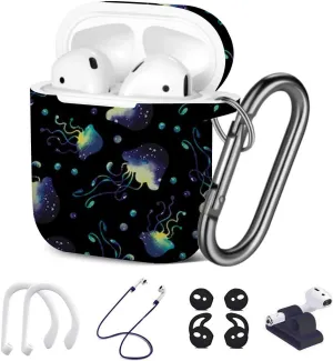 [ Compatible with Apple AirPods 1 & 2 ] 7 in 1 AirPods Accessories Set - TPU Gel Protective Case/Carabiner Keychain/Ear Hooks/Strap/Watch Band Holder - (Cute Cosmic Jellyfishes Pattern)