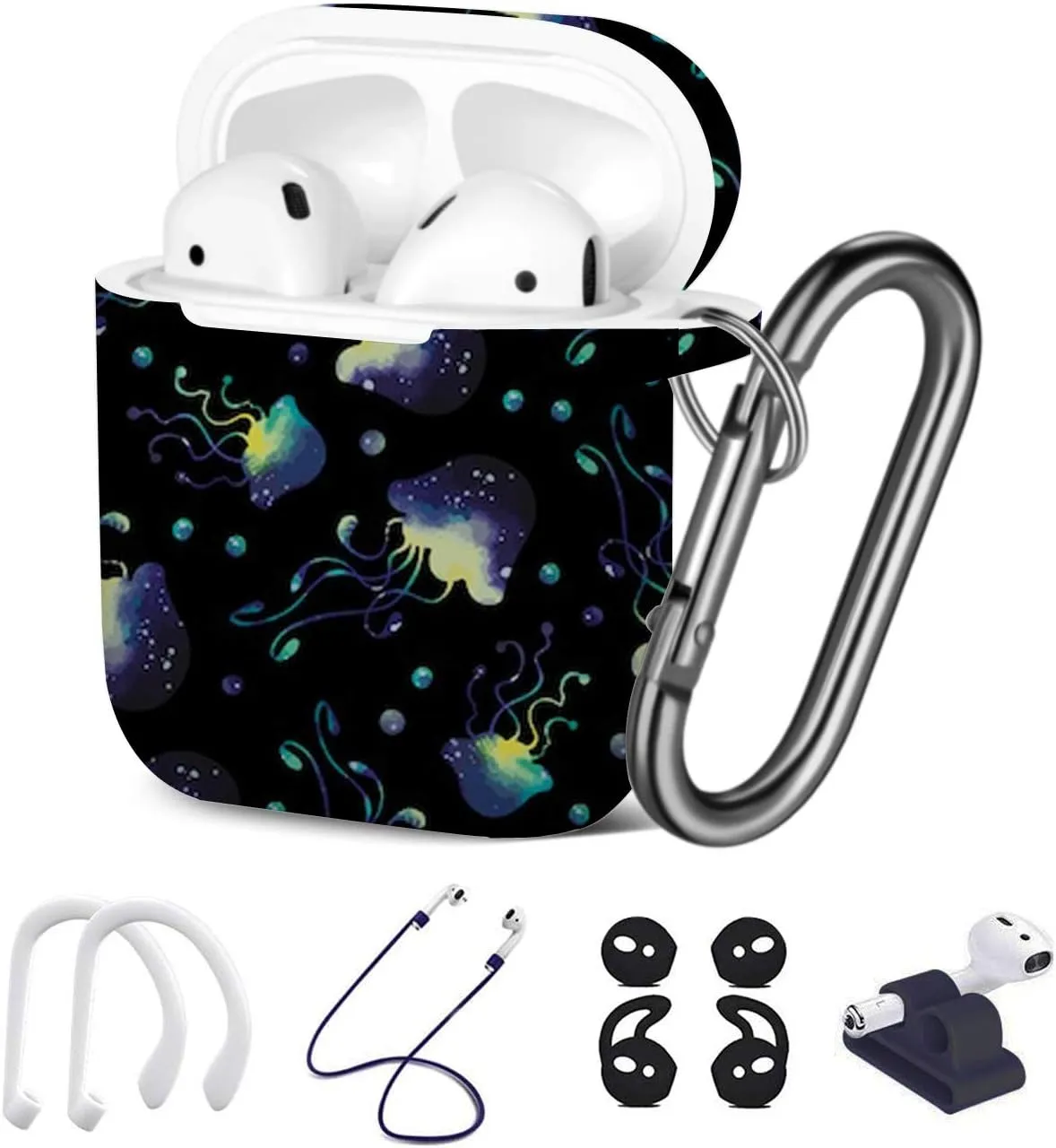 [ Compatible with Apple AirPods 1 & 2 ] 7 in 1 AirPods Accessories Set - TPU Gel Protective Case/Carabiner Keychain/Ear Hooks/Strap/Watch Band Holder - (Cute Cosmic Jellyfishes Pattern)