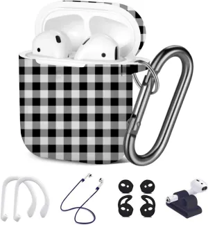 [ Compatible with Apple AirPods 1 & 2 ] 7 in 1 AirPods Accessories Set - TPU Gel Protective Case/Carabiner Keychain/Ear Hooks/Strap/Watch Band Holder - (Gingham Pattern)