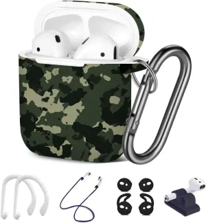[ Compatible with Apple AirPods 1 & 2 ] 7 in 1 AirPods Accessories Set - TPU Gel Protective Case/Carabiner Keychain/Ear Hooks/Strap/Watch Band Holder - (Tan Green Camo Texture Pattern)