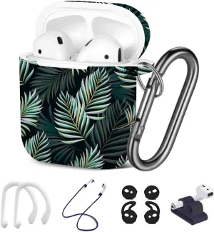 [ Compatible with Apple AirPods 1 & 2 ] 7 in 1 AirPods Accessories Set - TPU Gel Protective Case/Carabiner Keychain/Ear Hooks/Strap/Watch Band Holder - (Tropical Palm Leaves Jungle Pattern)