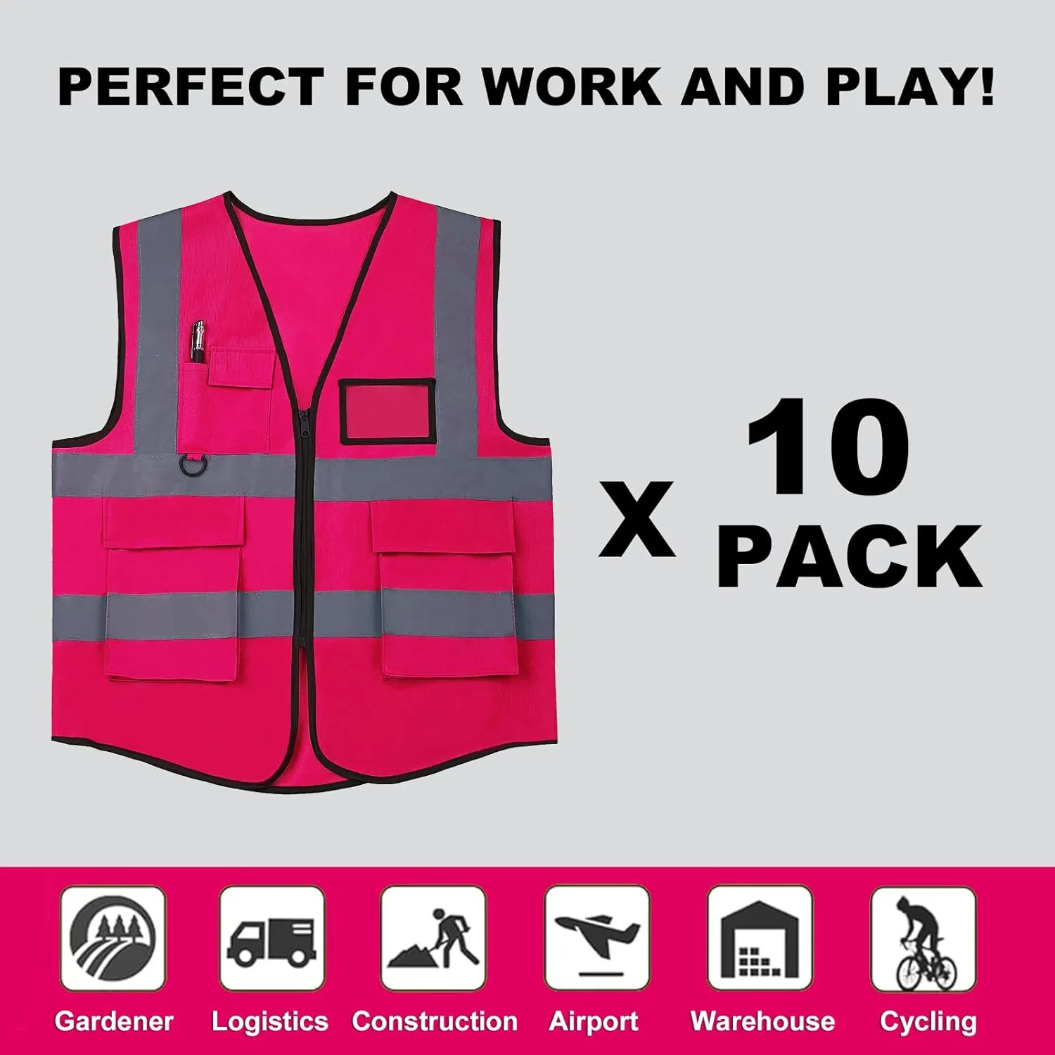 10 Pack Neon Reflective Safety Vests, Pink High Visibility Construction Vests, Pockets & Zipper Vest for Men & Women