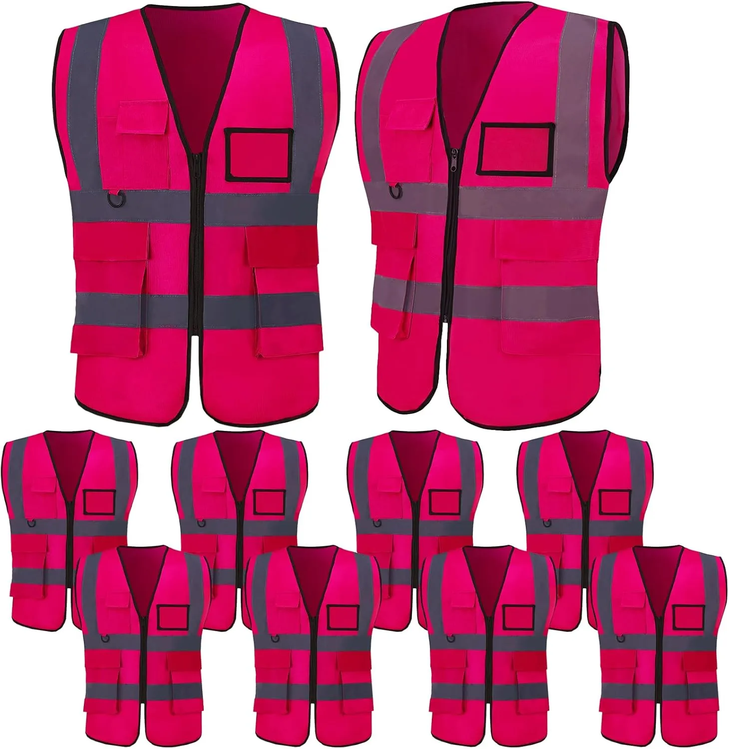 10 Pack Neon Reflective Safety Vests, Pink High Visibility Construction Vests, Pockets & Zipper Vest for Men & Women