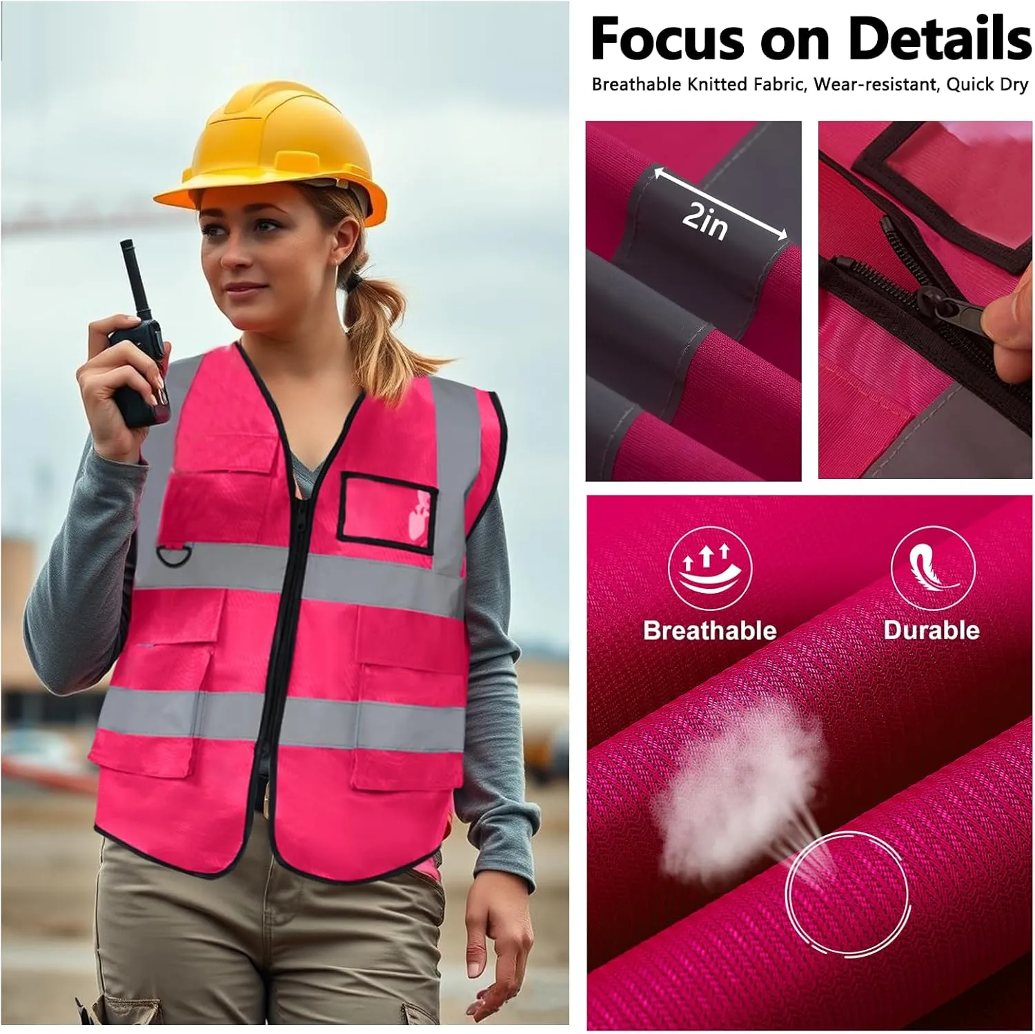 10 Pack Neon Reflective Safety Vests, Pink High Visibility Construction Vests, Pockets & Zipper Vest for Men & Women