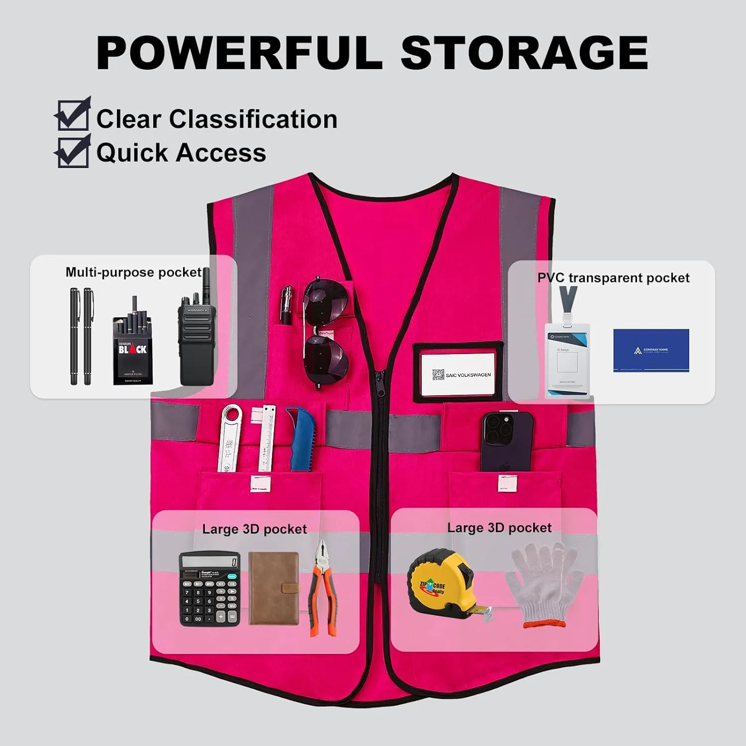 10 Pack Neon Reflective Safety Vests, Pink High Visibility Construction Vests, Pockets & Zipper Vest for Men & Women