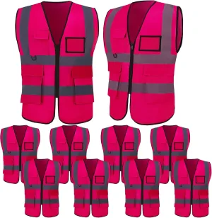 10 Pack Neon Reflective Safety Vests, Pink High Visibility Construction Vests, Pockets & Zipper Vest for Men & Women
