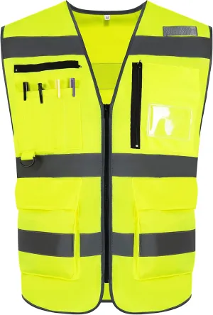 10 Pockets Class 2 High Visible Reflective Safety Vest Breathable and Mesh Lining Workwear (M-2XL, Yellow Black)