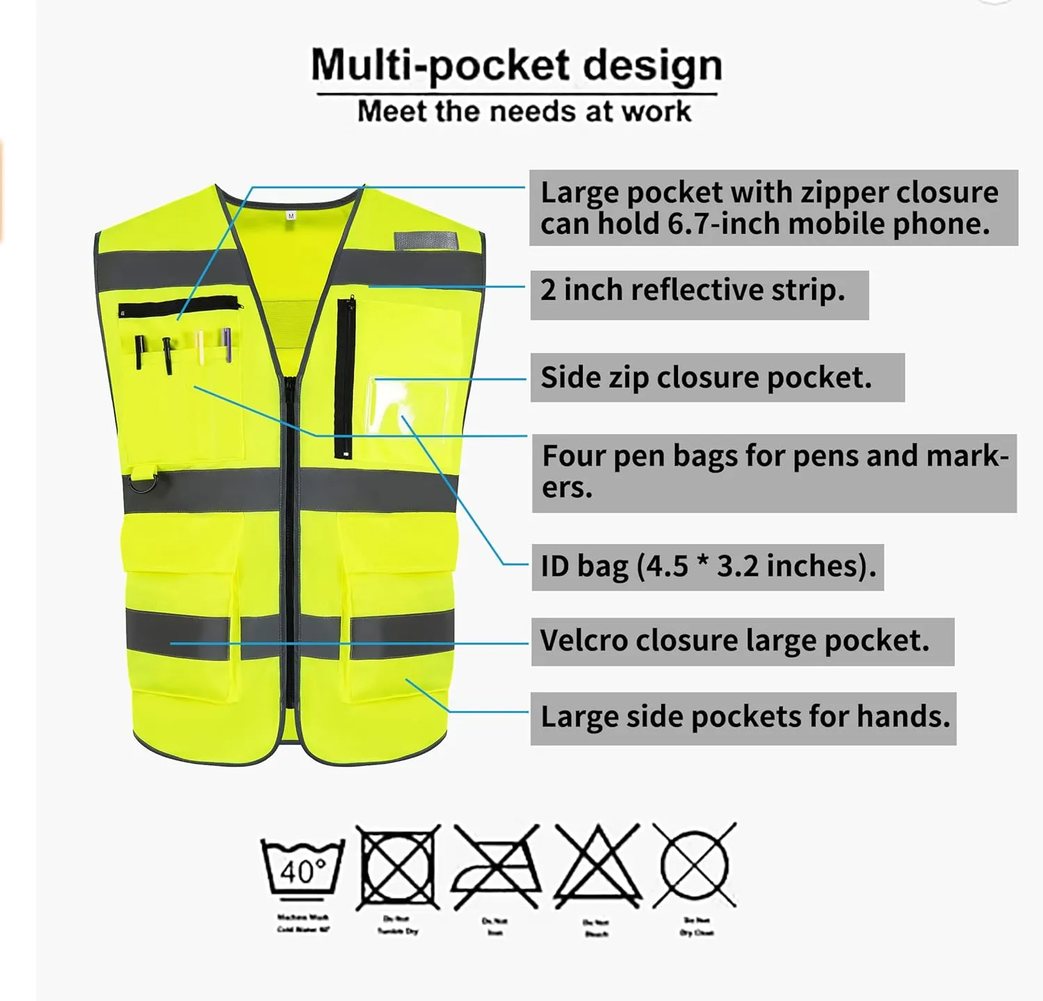 10 Pockets Class 2 High Visible Reflective Safety Vest Breathable and Mesh Lining Workwear (M-2XL, Yellow Black)