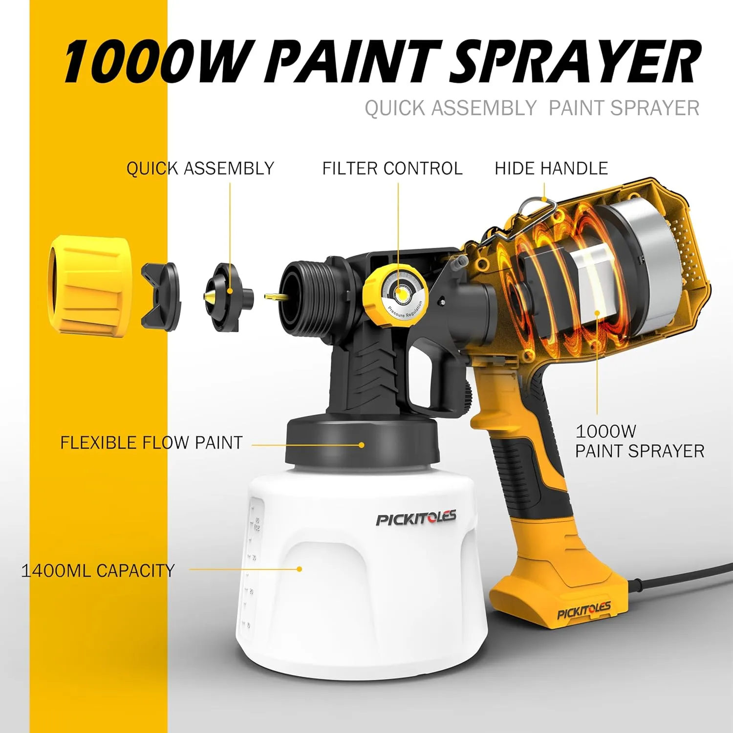 1000W HVLP Paint Sprayer High-Efficiency Electric Spray Gun with 6 Nozzles,Variable Patterns & Adjustable Flow, 47oz (1400ml) Detachable Container,Easy to Clean for Home Improvement Projects Yellow
