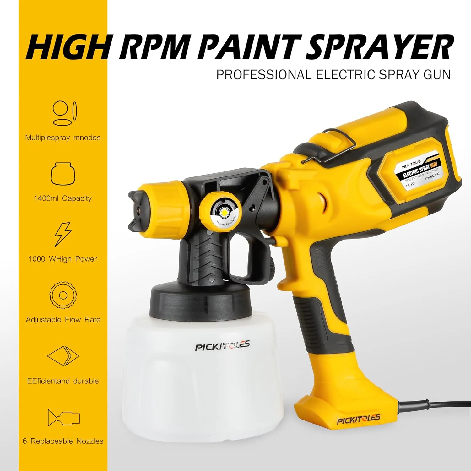1000W HVLP Paint Sprayer High-Efficiency Electric Spray Gun with 6 Nozzles,Variable Patterns & Adjustable Flow, 47oz (1400ml) Detachable Container,Easy to Clean for Home Improvement Projects Yellow