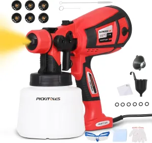 1000W Paint Sprayer HVLP Electric Spray Paint Gun for Painting with 6 Brass Nozzles & 3 Spray Patterns for House Painting Home Interior Wood Furniture Walls (Red)