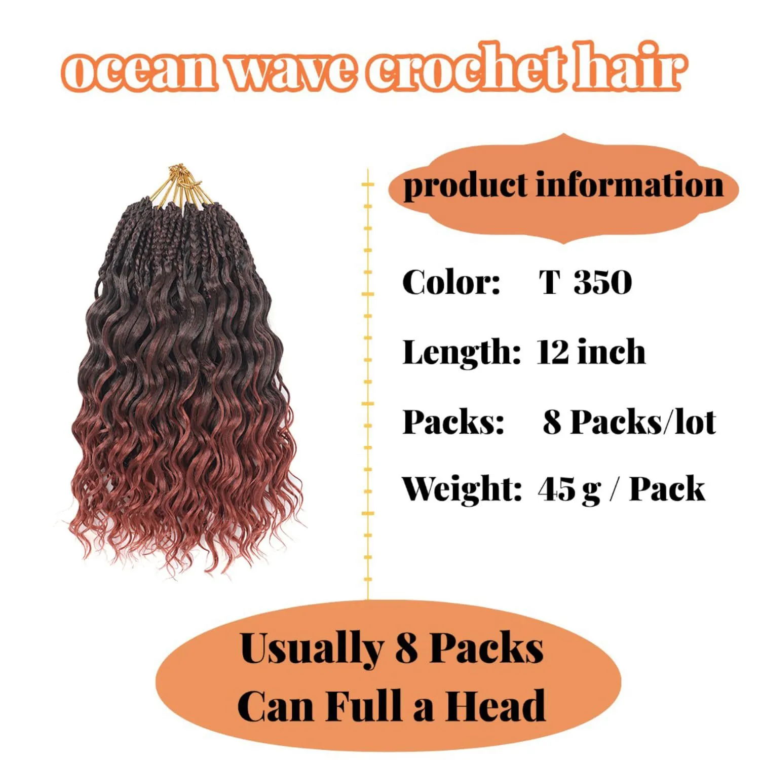 12 Inch Ocean Wave Crochet Hair 8 Packs - Synthetic Pre-Looped Deep Wavy Curly Braiding Hair for Black Women, Boho Style Hair Extensions (12inch,1B/350-8 Packs)