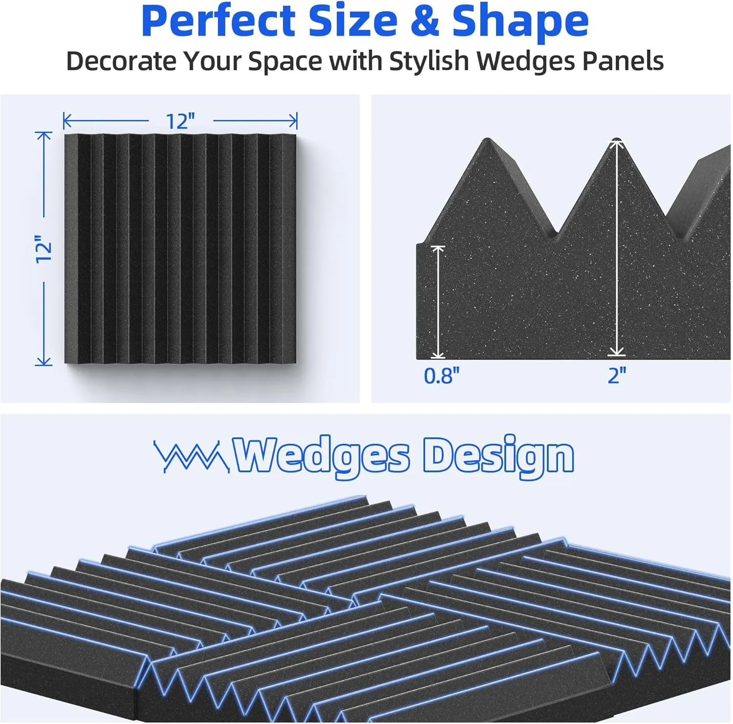 12 Pack Sound Proof Foam Panels for Wall with Self Adhesive, 2" X 12" X 12" High Density Acoustic Panels Sound Absorbing Quick-Recovery, Wedges Soundproof Wall Panels for Gaming & Studio Decor - Black