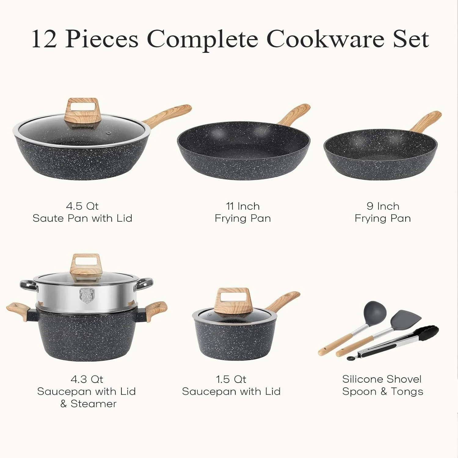 12 Pcs Pots and Pans Set, Nonstick Cookware Sets Black Granite Induction Cookware, Non-toxic Healthy Non Stick Kitchen Cooking Set with Frying Pans Set, Saucepans,Steamer (PFAS, PFOA, PFOS Free)