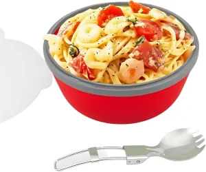 1200ml Collapsible Camping Bowl Silicone Food Storage Container With Lid and Foldable Stainless Steel Fork Spoon(Red)