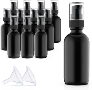 12Pack 60ml Matte Black Glass Pump Bottle with Black Pump Dispenser,2oz Small Dispenser, Travel Size Refillable Botttles For Lotions,Sercums,Essential Oils (2oz (12pcs))