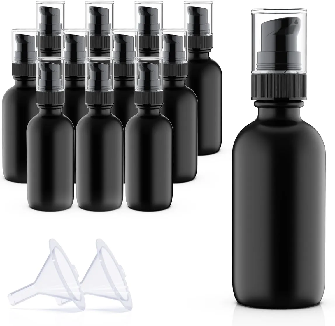12Pack 60ml Matte Black Glass Pump Bottle with Black Pump Dispenser,2oz Small Dispenser, Travel Size Refillable Botttles For Lotions,Sercums,Essential Oils (2oz (12pcs))