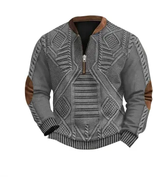 1/4 Zip Pullover Mens Stand Collar Sweatshirt Aztec Knit-Pattern Top Fall Western Vintage Long Sleeve Sweatshirt