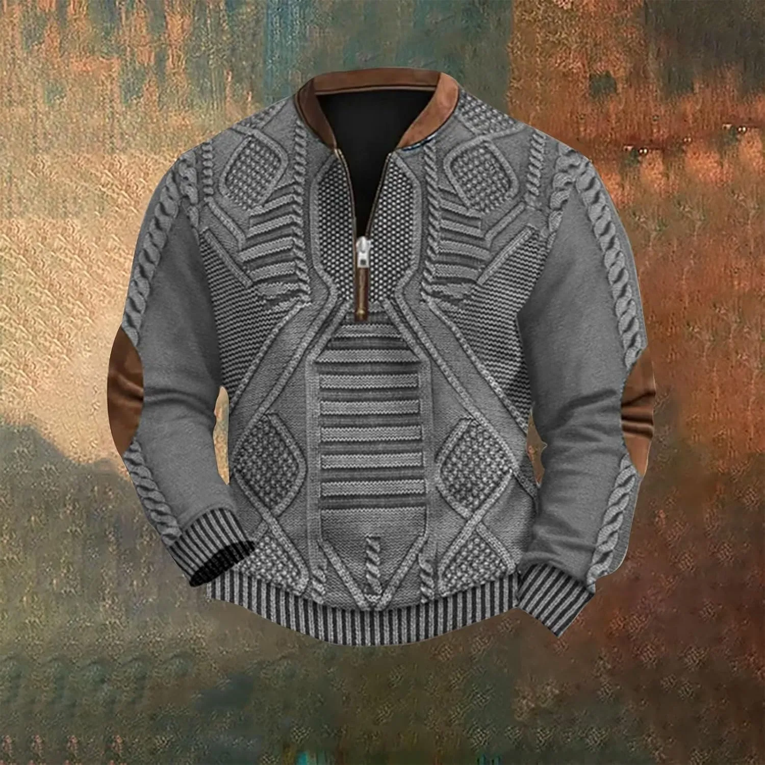 1/4 Zip Pullover Mens Stand Collar Sweatshirt Aztec Knit-Pattern Top Fall Western Vintage Long Sleeve Sweatshirt