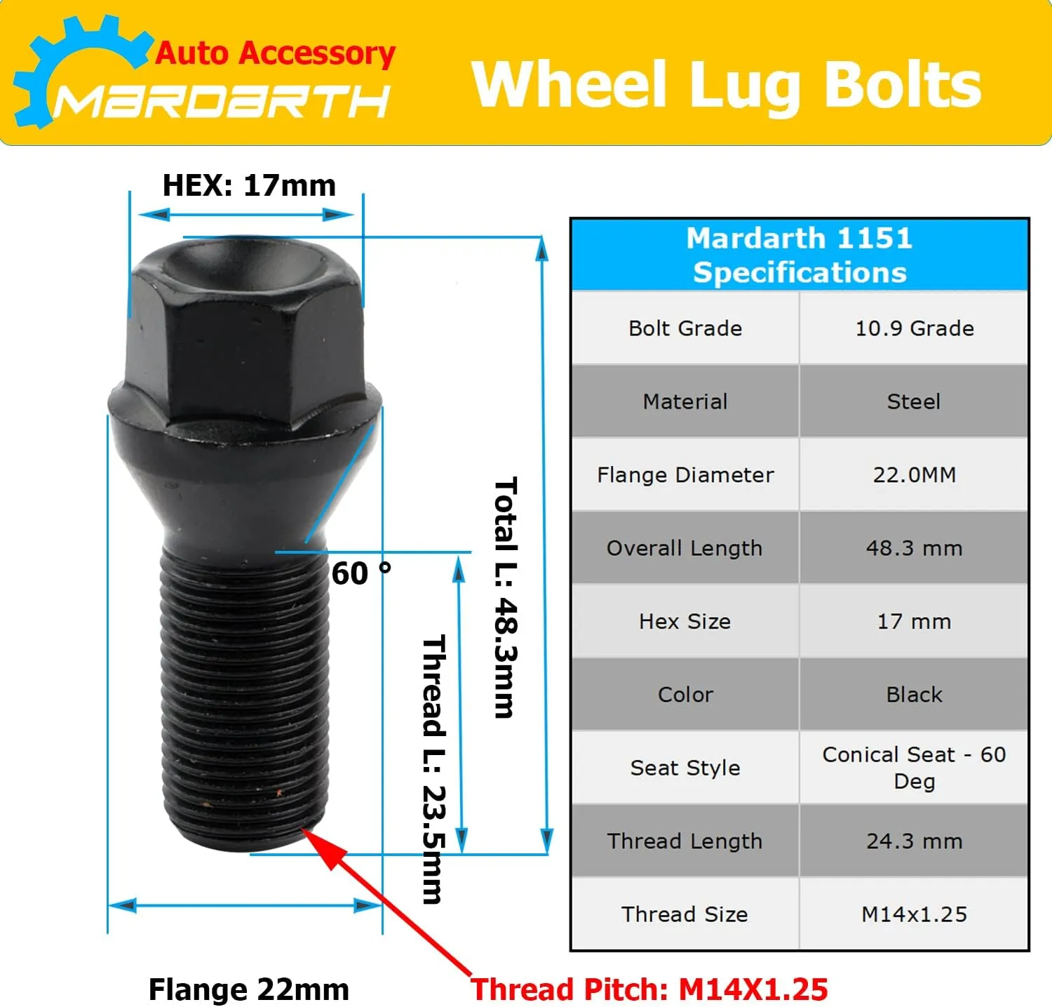 14mm x 1.25 Wheel Lug Bolts OE Factory Lug Studs 36136781151 Compatible with F30 F35 F10 F25 X3 E70 X5, Pack of 20
