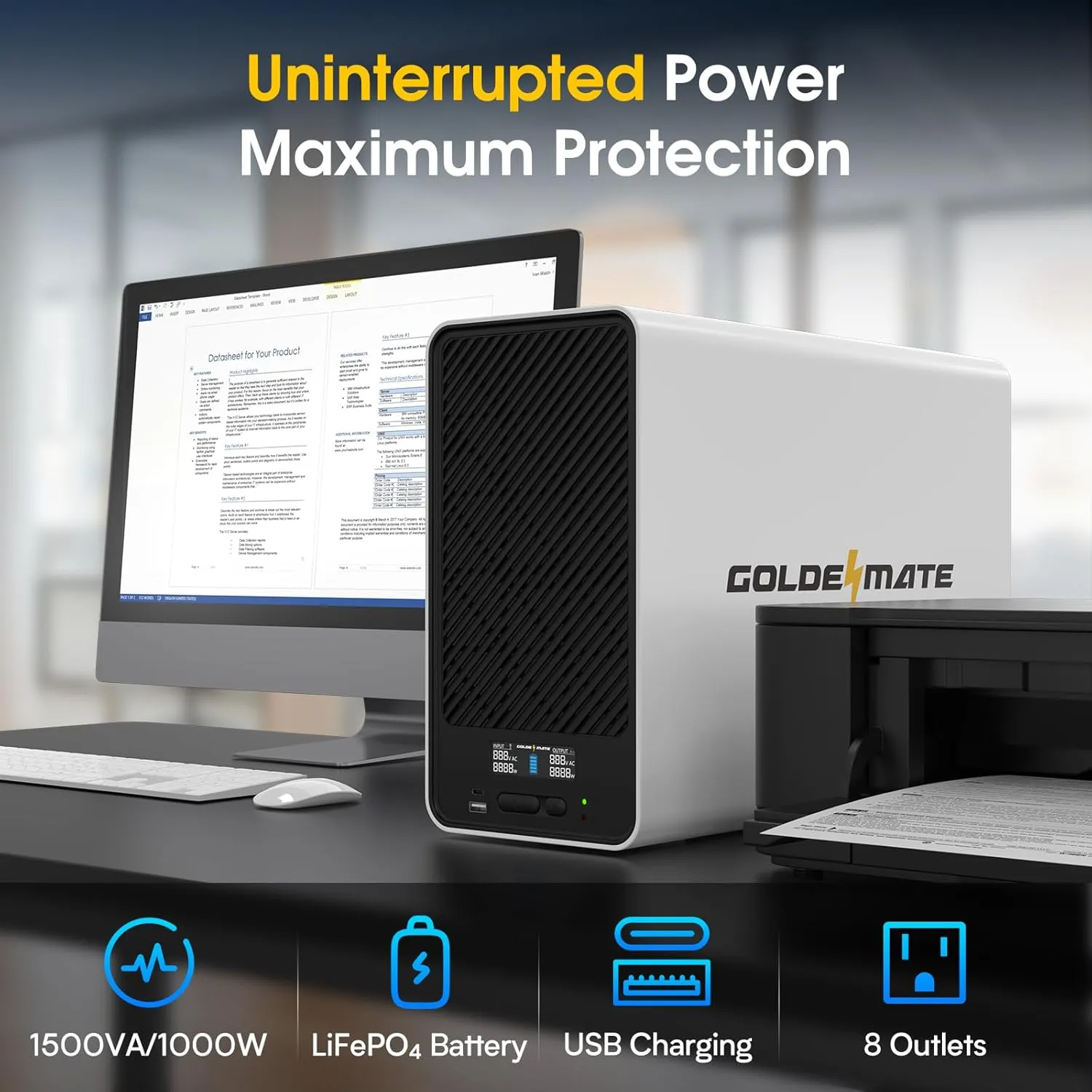 1500VA/1000W Lithium UPS Battery Backup and Surge Protector, Backup Battery Power Supply with LiFePO4 Batteries(296Wh), AVR, Line Interactive Sinewave UPS System, 8 Outlets, LCD Display