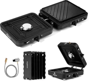 2 Burner Propane Camping Stove with Carrying Bag, Foldable Camping Stove Propane with Grill, Portable Folding Gas Stove with 17,200 BTU Adjustable Burners, Backpacking Camp Stove for BBQ