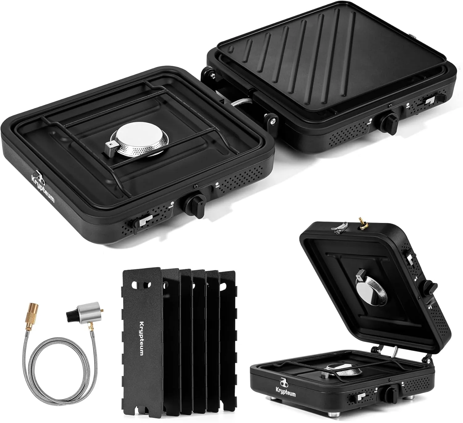 2 Burner Propane Camping Stove with Carrying Bag, Foldable Camping Stove Propane with Grill, Portable Folding Gas Stove with 17,200 BTU Adjustable Burners, Backpacking Camp Stove for BBQ