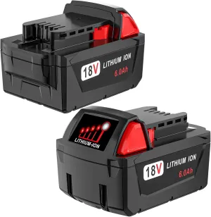 2 Pack 6.0Ah High Output 18V MAX M-18 Lithium-ion Replacement Batteries Compatible with Milwaukee M-18 Battery 48-11-1865 48-11-1850 48-11-1862 Cordless Power Tools