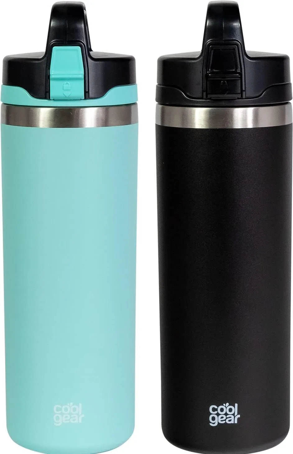 2 Pack COOL GEAR Niagara 25oz Stainless Steel Water Bottle | Locking lid | Pull up sipper - Black/Teal