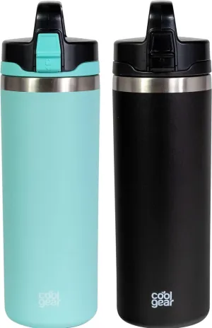 2 Pack COOL GEAR Niagara 25oz Stainless Steel Water Bottle | Locking lid | Pull up sipper - Black/Teal