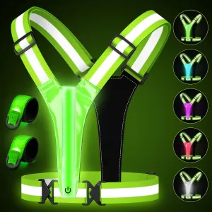 2-Pack Rechargeable LED Armband with Reflective Running Vest, High Visibility Reflective Running Gear for Night Safety, 5 Colors & 3 Modes
