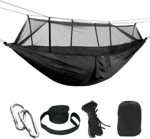 2 Person Camping Hammock with Mosquito Net Outdoor Strength Parachute Fabric Sleep Swing Portable Hanging Bed for Garden (Black)