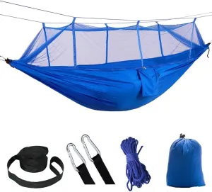 2 Person Camping Hammock with Mosquito Net Outdoor Strength Parachute Fabric Sleep Swing Portable Hanging Bed for Garden (Blue)