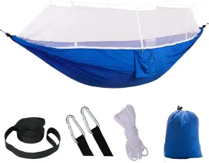 2 Person Camping Hammock with Mosquito Net Outdoor Strength Parachute Fabric Sleep Swing Portable Hanging Bed for Garden (Blue/White)