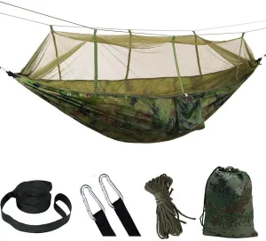 2 Person Camping Hammock with Mosquito Net Outdoor Strength Parachute Fabric Sleep Swing Portable Hanging Bed for Garden (Camouflage)