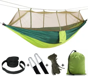 2 Person Camping Hammock with Mosquito Net Outdoor Strength Parachute Fabric Sleep Swing Portable Hanging Bed for Garden (Green/Tan)