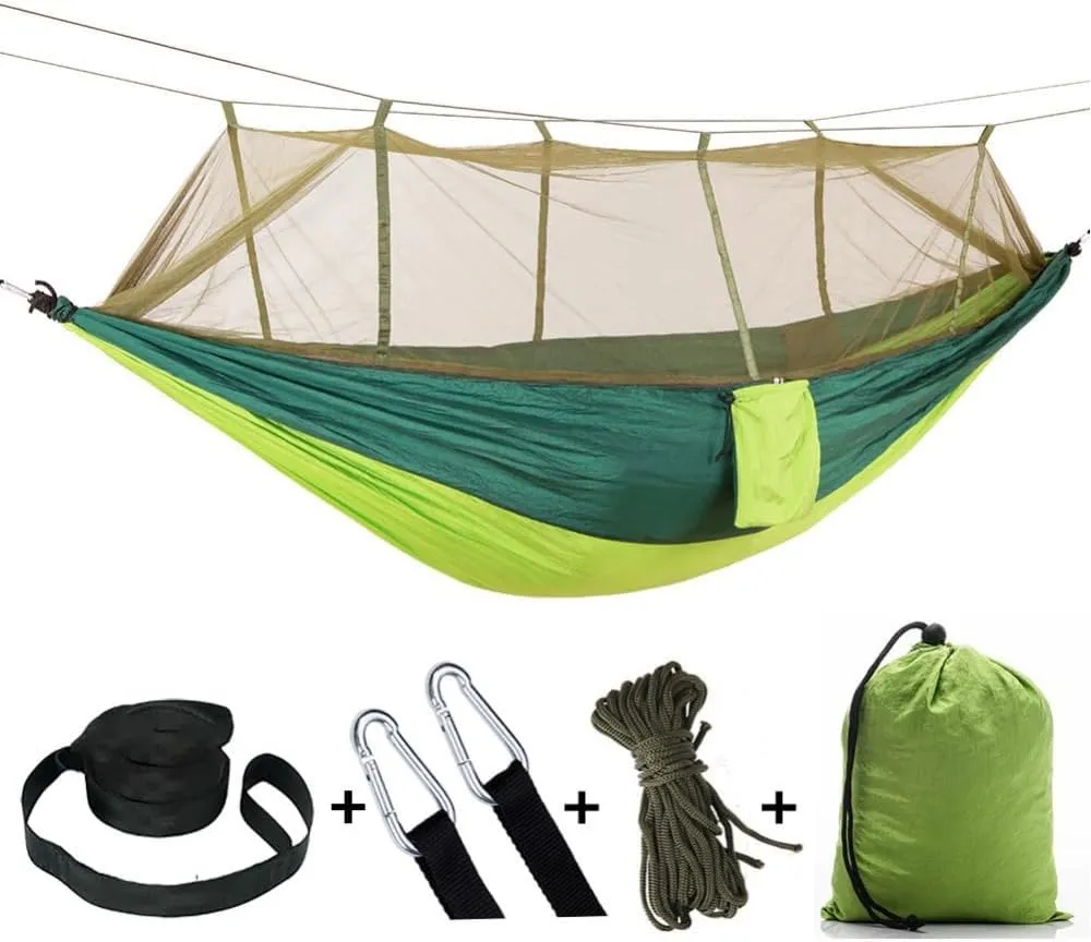 2 Person Camping Hammock with Mosquito Net Outdoor Strength Parachute Fabric Sleep Swing Portable Hanging Bed for Garden (Green/Tan)