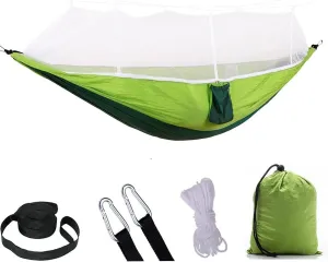 2 Person Camping Hammock with Mosquito Net Outdoor Strength Parachute Fabric Sleep Swing Portable Hanging Bed for Garden (Green/White)