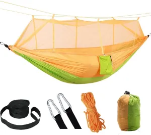 2 Person Camping Hammock with Mosquito Net Outdoor Strength Parachute Fabric Sleep Swing Portable Hanging Bed for Garden (Orange)