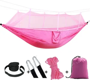 2 Person Camping Hammock with Mosquito Net Outdoor Strength Parachute Fabric Sleep Swing Portable Hanging Bed for Garden (Pink)