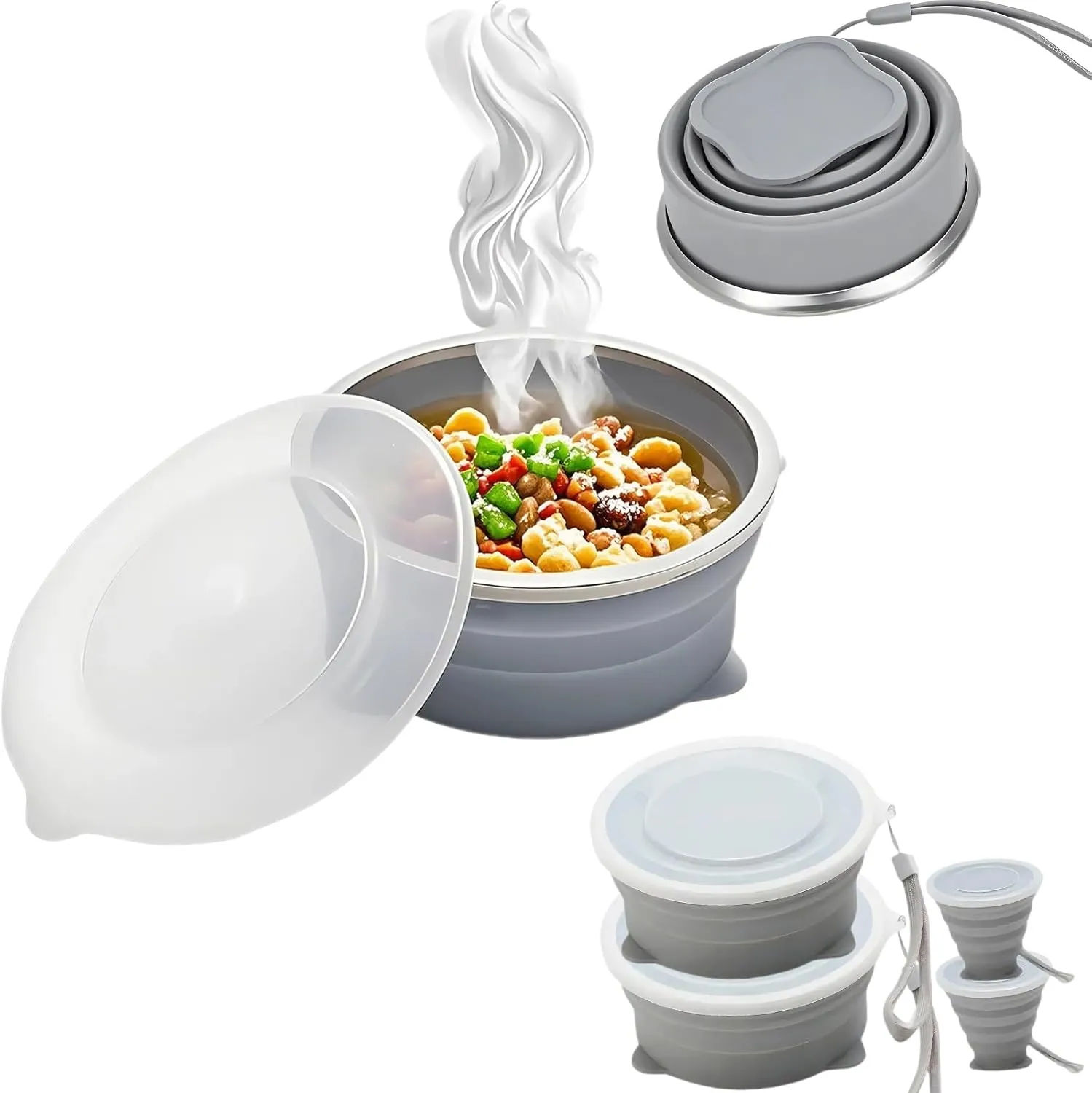 2 Sets Silicone Expandable Collapsible Bowl for Travel Camping Hiking(Gray)