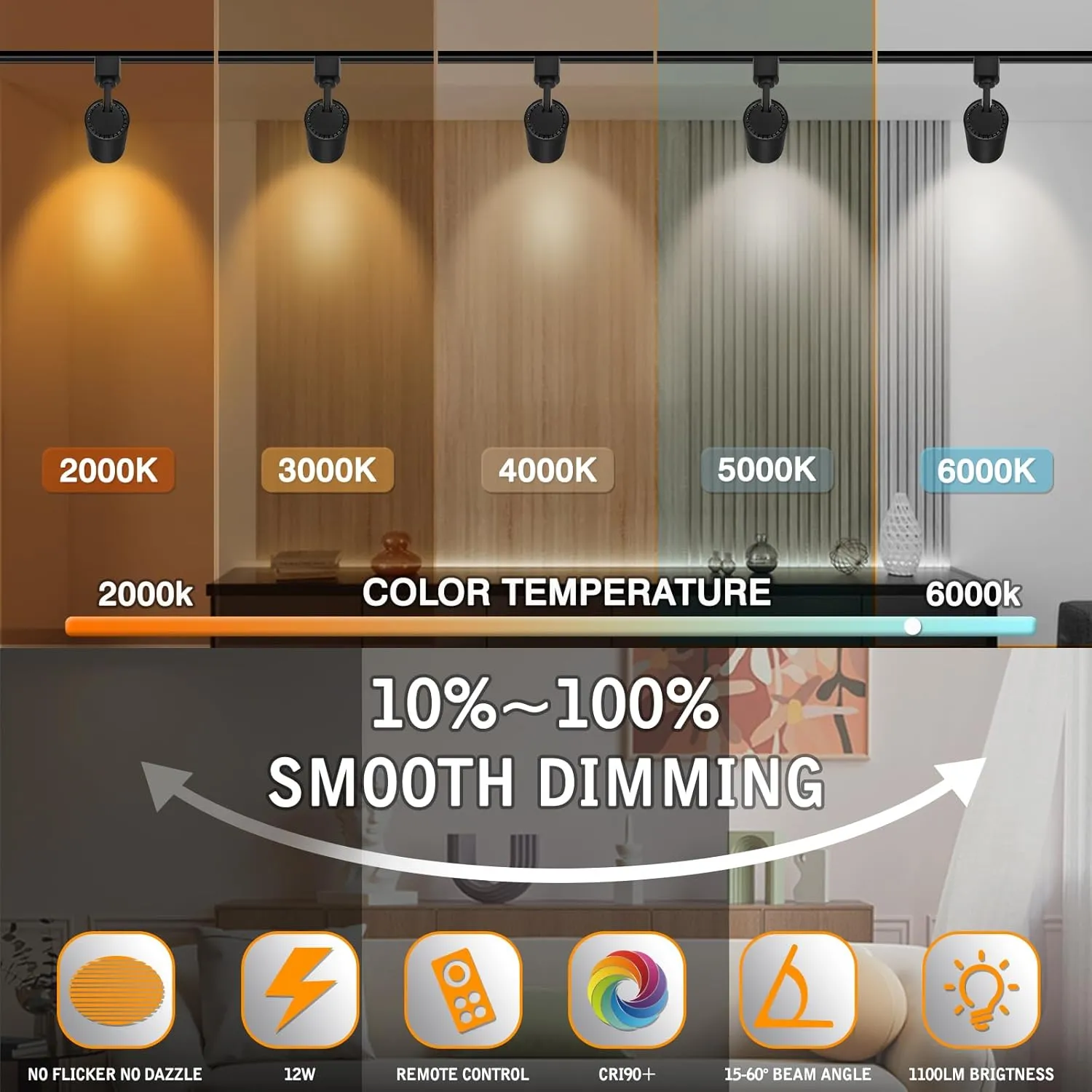 【2025 Upgraded】10 Color Zoomable Track Light Head Dimmable H Track Lighting Remote Control Bright Ceiling Spotlight Fixtures for Kitchen Dining Room 2700K-6500K 15°~60° CRI90 12W 1100lm Black 6 Pack