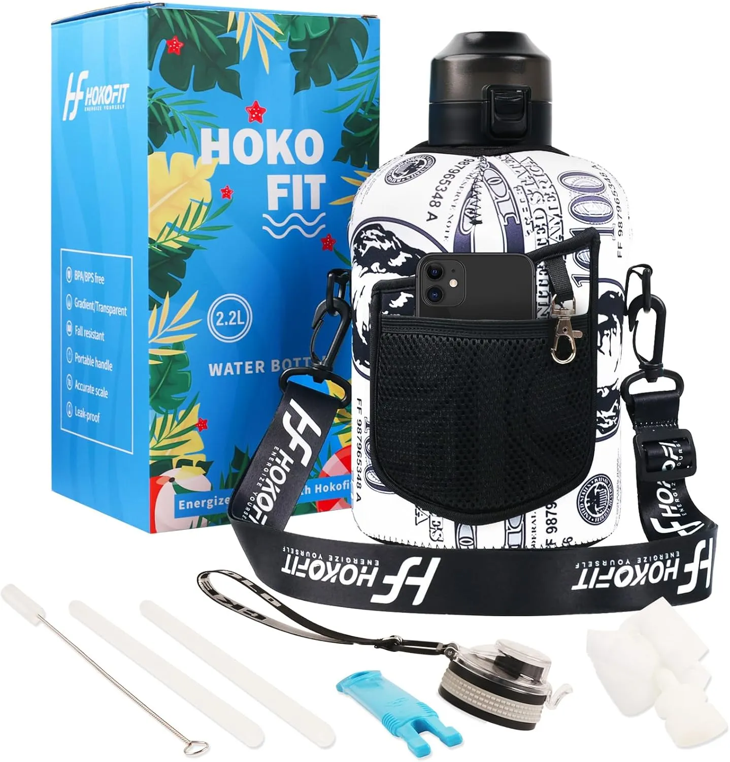 2.2L/74OZ Water Bottle - Half-Gallon Water Bottle - Large Capacity Drinking Bottle - BPA-Free - Ideal Choice for Sports/Fitness/Gift - with Spare Lid and Silicone Straw (2.2L, Midnight Black)