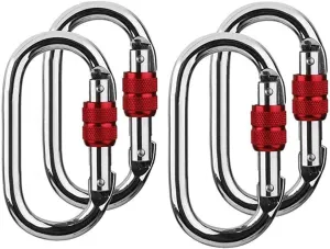 25KN Climbing Carabiner Hard Steel Silver Locking Carabiner Clip O-Shaped Climbing Carabiner Hook with Screwgate 4 Sets