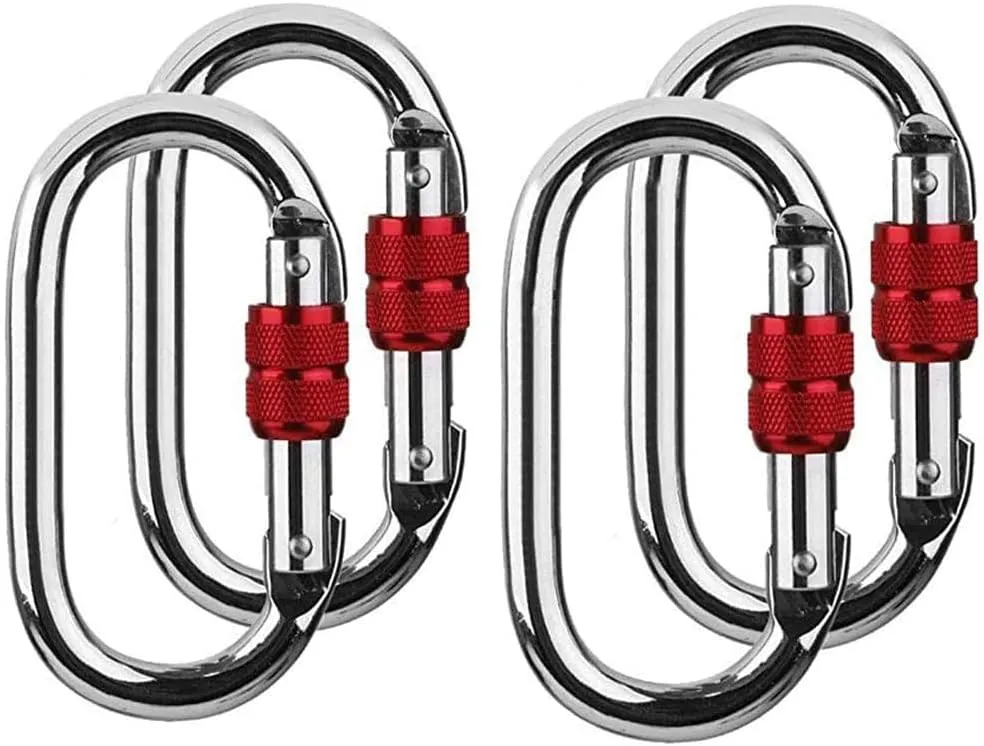 25KN Climbing Carabiner Hard Steel Silver Locking Carabiner Clip O-Shaped Climbing Carabiner Hook with Screwgate 4 Sets