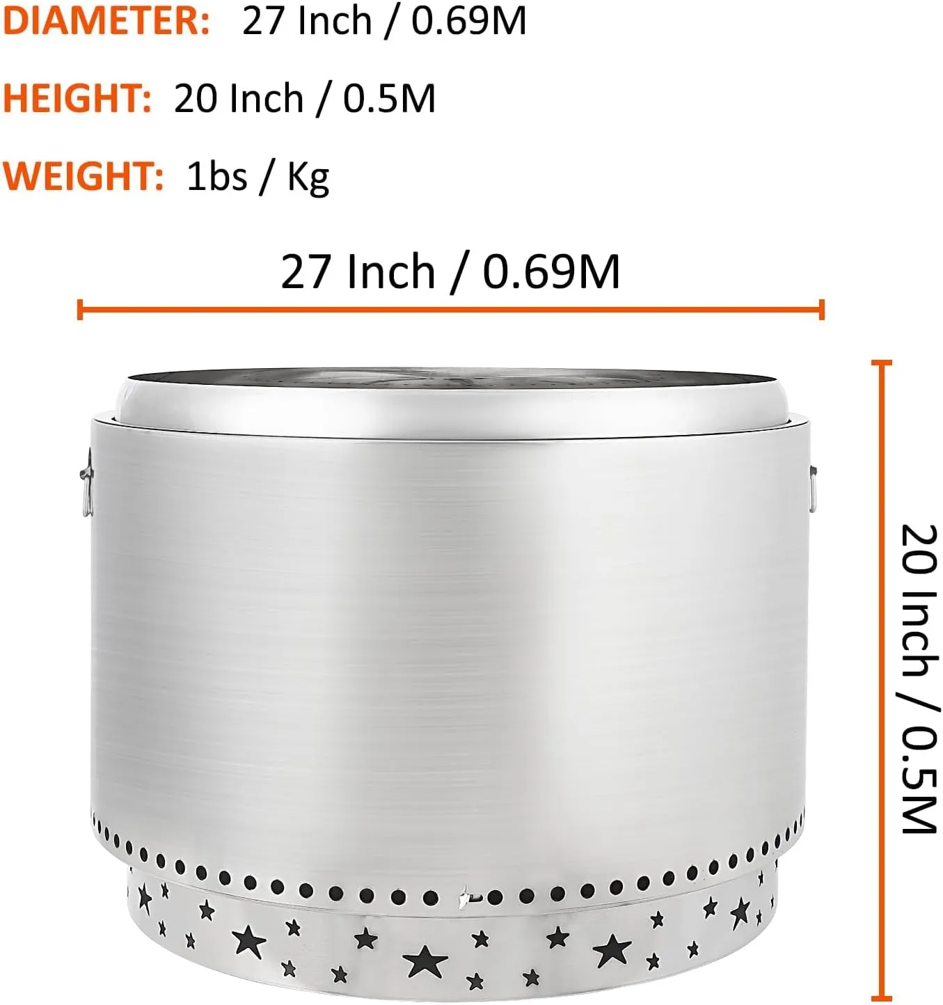 27 Inch Smokeless Fire Pit, Stainless Steel Wood Burning Fire Pits with Removable Stand and Ash Pan, Portable Bonfire Pit with Handle, Outdoor Fire Pit for Camping, Picnic and Family Gathering