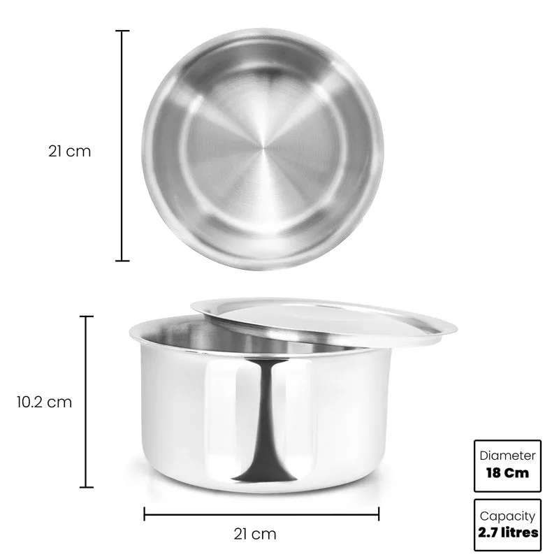 2.7L Allo CookSafe TriPly Tope | Stainless Steel | With Stainless Steel Lid | Induction Friendly | Naturally Non-stick | 18cm