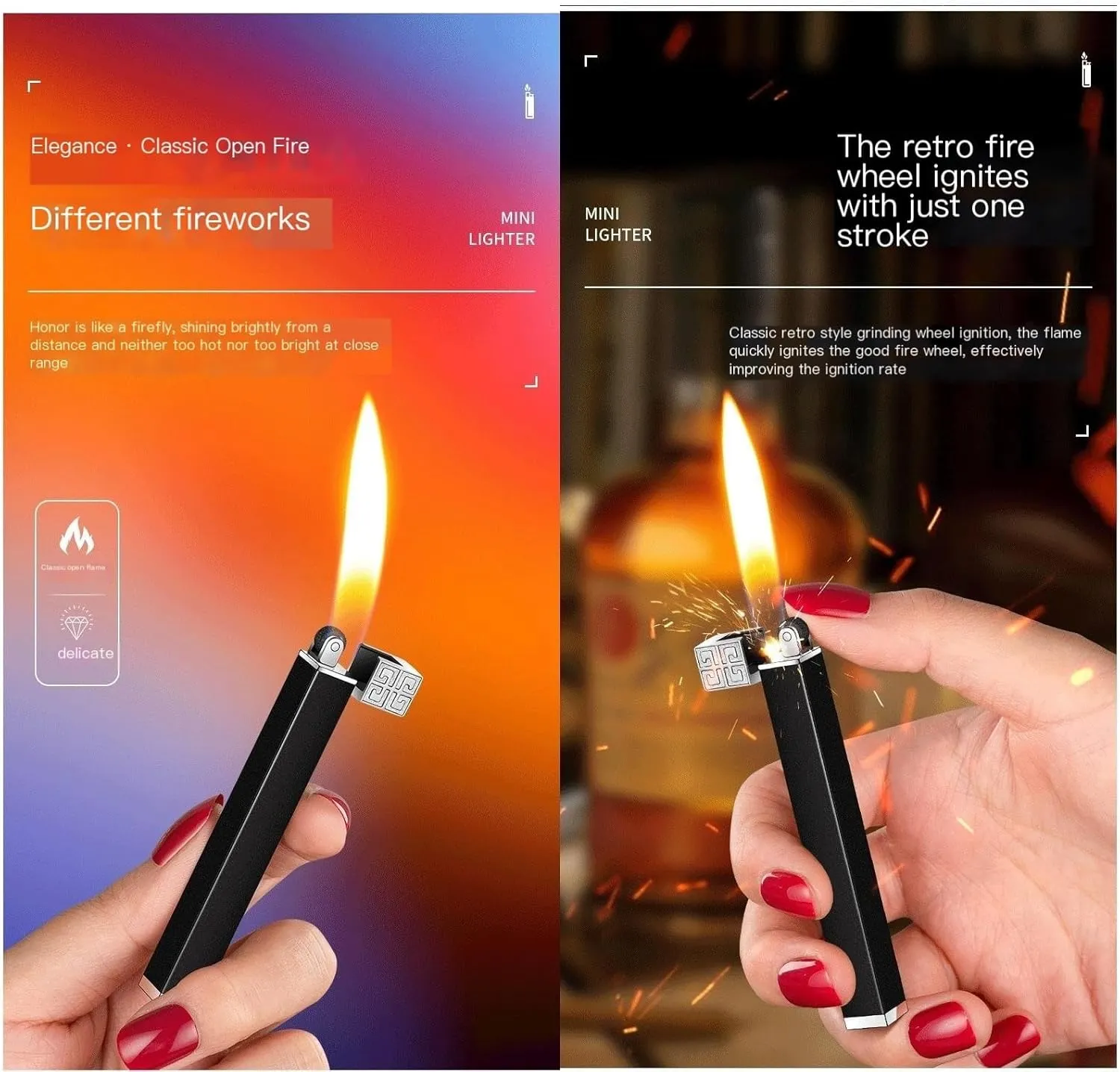 2pcs Soft Flame Cigar Lighter,Refillable Butane Lighter Wheel Flint Ignition Portable Slim Lighter Adjustable Flame,Birthday Gifts for Women Lady Wife (Without Gas) (Color : Gold Silver)